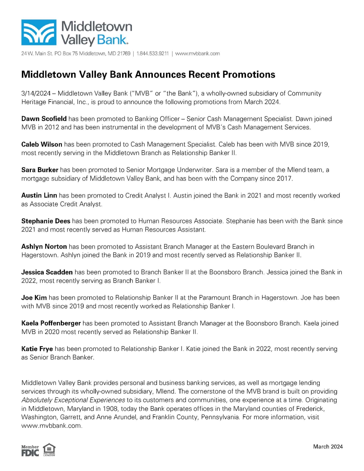 Middletown Valley Bank Announces Recent Promotions Middletown Valley Bank